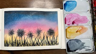 Watercolor Journal Day 26 (Colorful Sky with silhouettes)