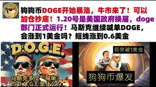 狗狗币DOGE开始暴涨，牛市来了！可以加仓抄底！1.20号是美国政府换届，doge部门正式运行！马斯克继续喊单DOGE，会涨到1美金吗？短线涨到0.6美金#DOGE币#马斯克狗狗币#DOGE行情分析!