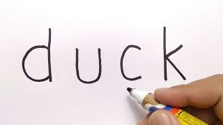 VERY EASY, how to turn word DUCK into CARTOON for kids / learn how to draw