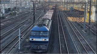 JR貨物EF210形0番台15号機（新塗装）＋コキ24B（両）が鶴見駅を通過するシーン（5082レ・岡A11・コンテナ輸送）2025.2.13