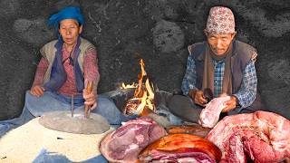 Rainy Day Village Life | Grinding Corn & Pork Curry Cooking on Wood Fire | Rural Kitchen Nepal