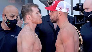CANELO ALVAREZ & BILLY JOE SAUNDERS HAVE INTENSE FACE-TO-FACE AT WEIGH-IN