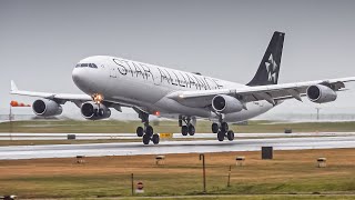 (4K) Windy \u0026 Rainy Arrival Lufthansa A340 Star Alliance at Vancouver YVR