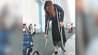 Beautiful Polio Girl Walking on the Bridge