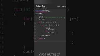 Best C++ pattern program tutorial video || 💯🧠 #youtubeshorts #coding #codewriter07