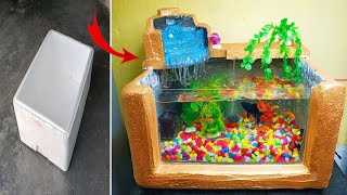 Making a Unique Waterfall Aquarium With Foam boxes and Cement || How to Make Aquarium || cement idea