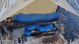 Bushcraft Cot & Survival Shelter Camping with 4 yr old in a Snow Storm