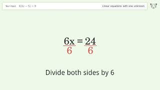 Linear equation with one unknown: Solve 3(2x-5)=9 step-by-step solution