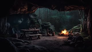 Hiding from Rain and Thunderstorm in Cave Fireplace Sounds for 24 hours,Sleep, Study, Relax