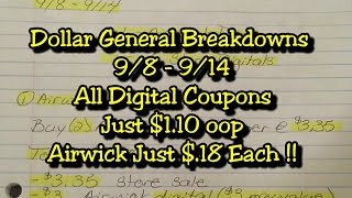 Dollar General Breakdowns 9/8-9/14. All Digital Coupons $1.10 oop// Airwick Just $.18 Each !!