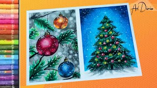 Easy! Christmas Drawing Ideas / Christmas Tree Drawing with Oil Pastel for Beginners - Step by Step