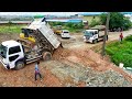 excellent technique landfill into water by shantui bulldozer 5tons truck unloading