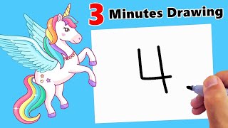 HOW TO DRAW UNICORN WITH NUMBER 4 EASY