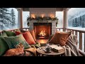 winter cozy terrace with fireplace 🔥 morning snowfall crackling fire u0026 relaxing ambience