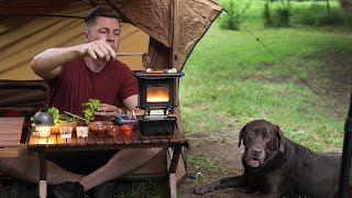 Solo Camping [ Korean BBQ on a Sad Iron Stove | creek and rain forest views with Dog | ASMR ]