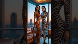 Bold Animal Prints in Latex: Tiger and Zebra Fashion Duo in a Stylish Lounge