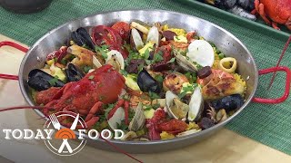 Get the recipe for Bobby Flay’s chicken and shellfish paella!