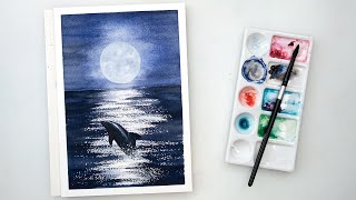 Watercolor seascape painting tutorial - dolphin and full moon