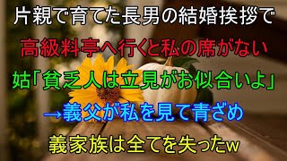 母子家庭で育てた長男の結婚の挨拶で高級料亭へ行くと私だけ席がない。義母「貧乏人は立見がお似合いよ」→義父が私を見て青ざめ、義家族は全てを失ったwww【修羅場】