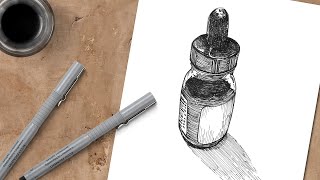 Pen and Ink Drawing - Ink Bottle with Cross Hatching