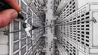 How to Draw using 1-Point Perspective: City Bird's Eye View Tightrope Walker