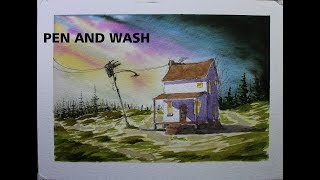 Pen and wash,Dusk Farm.Watercolor Tutorial for beginner.Nil Rocha