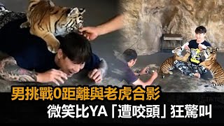 男挑戰0距離與老虎合影　微笑比YA「遭咬頭」狂驚叫－全民話燒