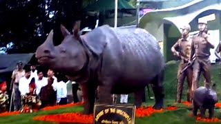 3 Rhino Statues Made From Burnt Horns Stand Tall at Kaziranga