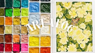 Art vlog 🎨/Unboxing Gouache 50 color set/Swatch the color/Painting with me👩‍🎨🖼️