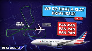 American Airlines Boeing 787 declares PAN-PAN at Zurich slats issue after takeoff. Real ATC