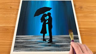 Loving Couple under Umbrella in Rainy Day Easy / Acrylic painting for beginners / Step by Step