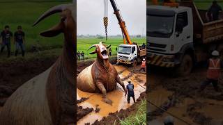 Heavy goat stuck in mud rescued by workers from muddy field🙏 #humanity #goat #rescueanimals #animals