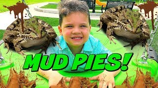 Kid Playing Outside In The Mud with Mud Pies and REAL FROGS! Caleb Pretend Play Outside Fun!