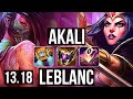 AKALI vs LEBLANC (MID) | 13/0/0, 7 solo kills, Legendary, 500+ games | BR Challenger | 13.18