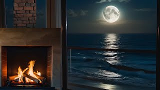 Moonlit Ocean View Fireplace Serenity by the Sea  Relaxing 8 Hours