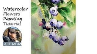 Watercolor Flowers Painting Tutorial / healing / Blueberries / Color mixing information [ART JACK]