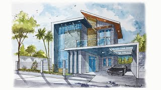 HOW TO DRAW 2 POINT PERSPECTIVE OF A MODERN HOUSE.