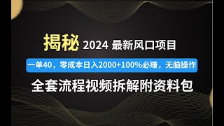 【全网首发】2024最新风口项目，一单40，零成本，日入2000+，100%必赚，无脑操作