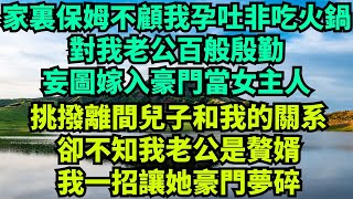 家裏保姆不顧我孕吐非吃火鍋，對我老公百般殷勤，妄圖嫁入豪門當女主人！挑撥離間兒子和我的關系，卻不知我老公是贅婿，我一招讓她豪門夢碎#情感故事#有聲書#反轉爽文#家庭情感#家庭故事#家庭倫理