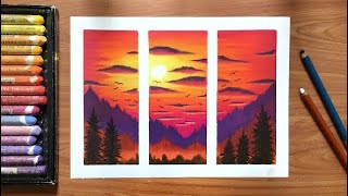 Oil Pastel Sunset Landscape Painting for beginners | Easy Oil Pastel Drawing