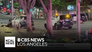Suspect in stolen LAPD cruiser crashes into cars, then pole in downtown LA