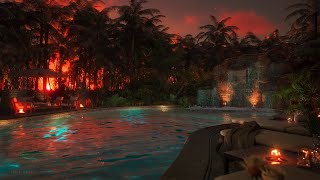 A Beautiful Golden Sunset By A Relaxing Private Pool | Soothing Water Sounds | Calming Waterfall