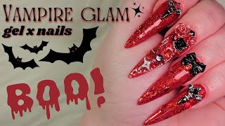 VAMPIRE GLAM HALLOWEEN NAILS | EASY GEL X NAILS | BEGINNER GEL X NAILS | RED AND BLACK NAILS