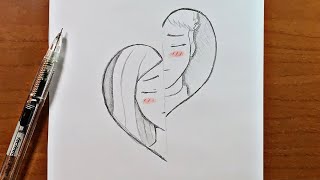 Easy drawing | how to draw a heart split into half with girl and boy faces in it