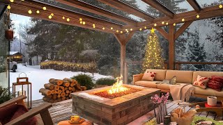 Wonderful Terrace Winter Ambience and Warm Fireplace, Snowfall Mountain \u0026 Snow Falling Winter Days