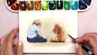 EASY Line & Wash Step by Step Tutorial for Beginners | A Boy and his Bear