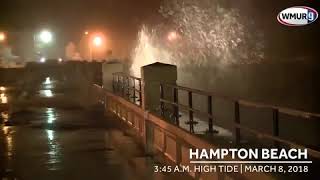 Splash-over, minor flooding at Hampton Beach during high tide