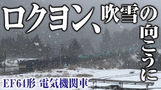 こんな吹雪でも、きっちり定刻で通過する重連EF64