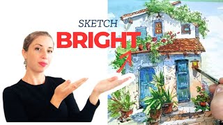 ep. 081 How to sketch EASY & LOOSE colorful house by the sea with ink and watercolor step by step?