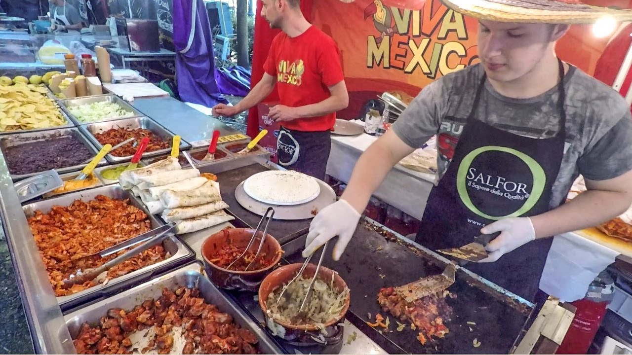 Street Food From Mexico. Tortillas And Fajitas. Food Fair In Italy ...